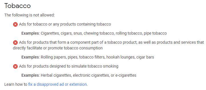 Google Ad guidelines for vape products 