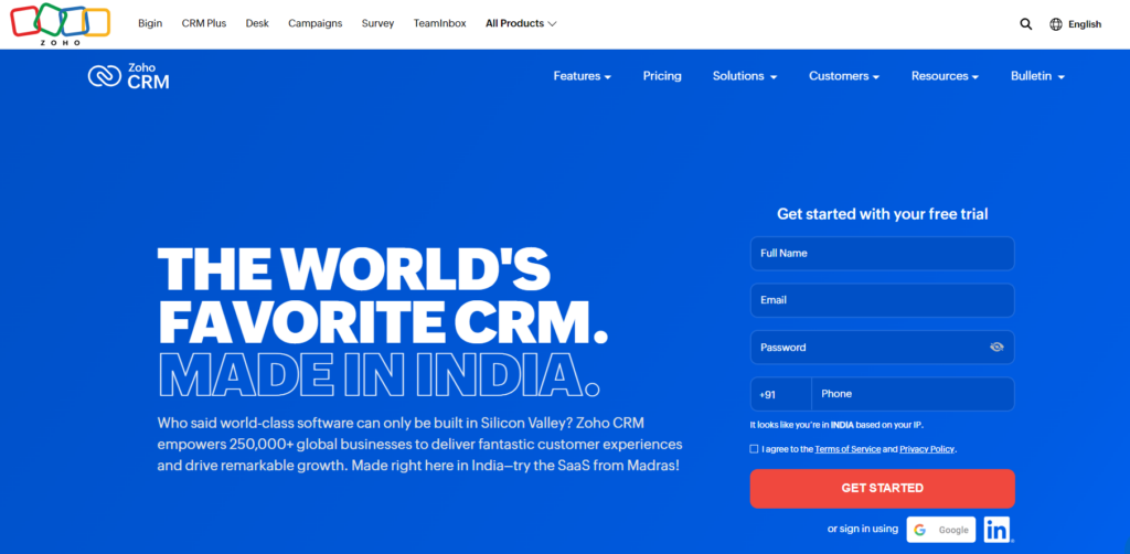 Zoho CRM deal management software